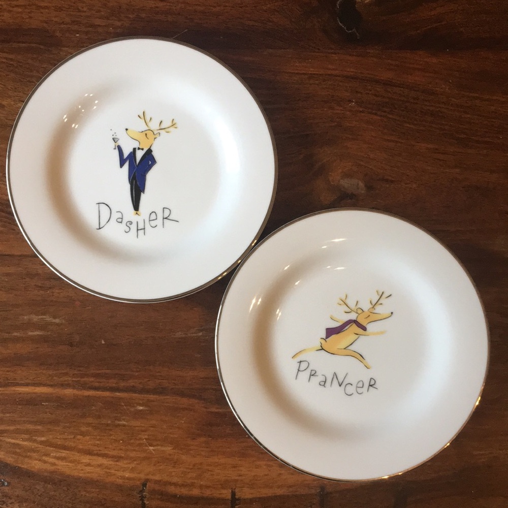 2 Pottery Barn White Porcelain Reindeer Holiday Plates Dasher + Prancer Japan